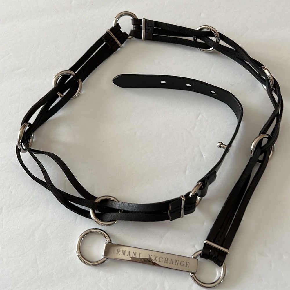 Armani Exchange Black Leather Multi-Loop Belt with Silver Hardware
